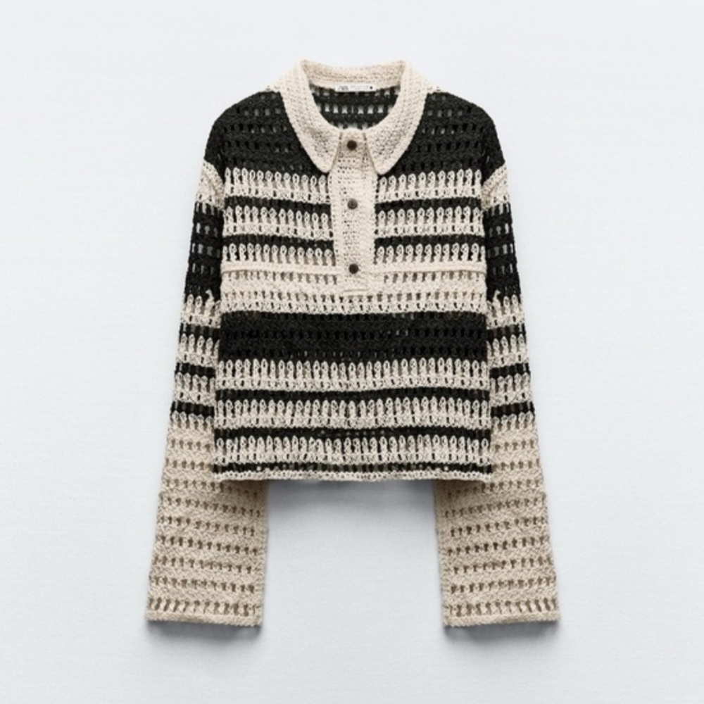 Zara Crochet Open Knit Striped Collared Henley Top In Black/Ivory - Picture 3 of 11